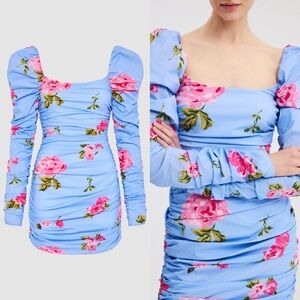CAROLINE CONSTAS
Maxine Ruched Puff Sleeve Mini Dress
 Blue Floral Long Sleeve